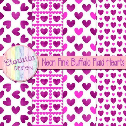 Free neon pink buffalo plaid hearts digital papers