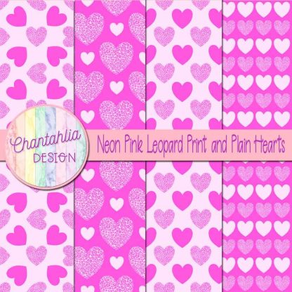 Free neon pink leopard print and plain hearts digital papers