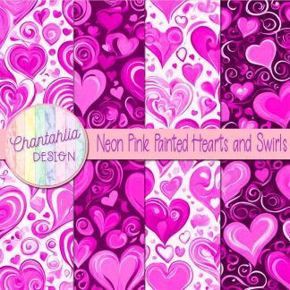 Free neon pink painted hearts and swirls digital papers