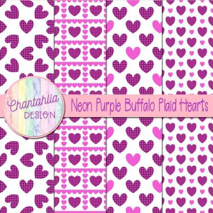 Free neon purple buffalo plaid hearts digital papers