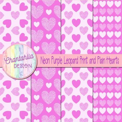 Free neon purple leopard print and plain hearts digital papers