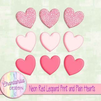 Free neon red leopard print and plain hearts design elements