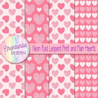 Free neon red leopard print and plain hearts digital papers