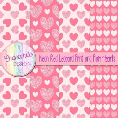 Free neon red leopard print and plain hearts digital papers