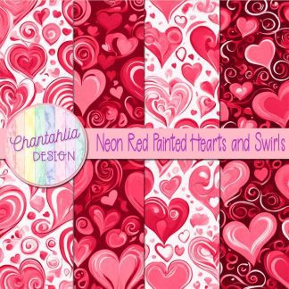 Free neon red painted hearts and swirls digital papers