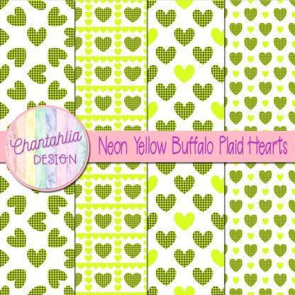 Free neon yellow buffalo plaid hearts digital papers