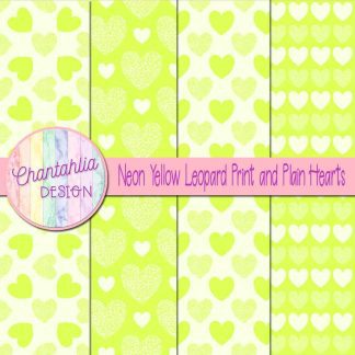 Free neon yellow leopard print and plain hearts digital papers