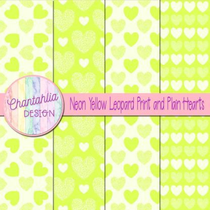 Free neon yellow leopard print and plain hearts digital papers