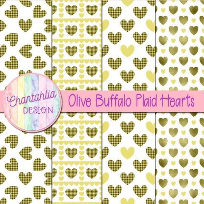 Free olive buffalo plaid hearts digital papers