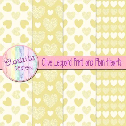 Free olive leopard print and plain hearts digital papers