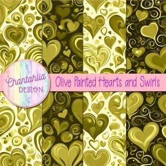 Free olive painted hearts and swirls digital papers