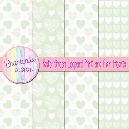 Free pastel green leopard print and plain hearts digital papers