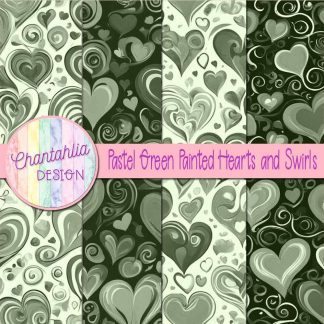 Free pastel green painted hearts and swirls digital papers