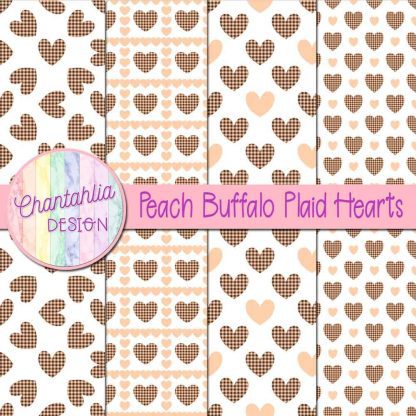 Free peach buffalo plaid hearts digital papers