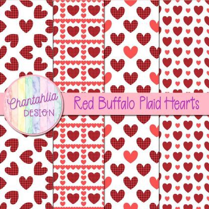 Free red buffalo plaid hearts digital papers