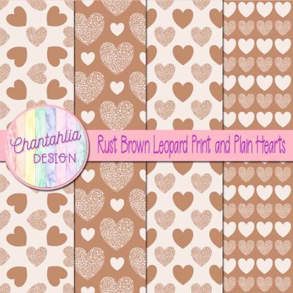 Free rust brown leopard print and plain hearts digital papers