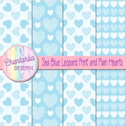 Free sea blue leopard print and plain hearts digital papers