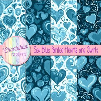 Free sea blue painted hearts and swirls digital papers