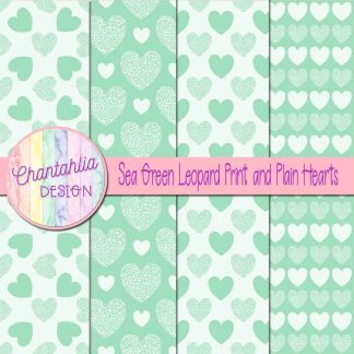 Free sea green leopard print and plain hearts digital papers