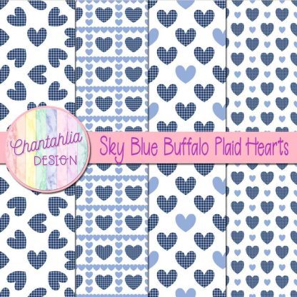 Free sky blue buffalo plaid hearts digital papers