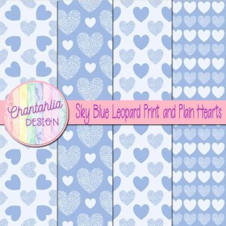 Free sky blue leopard print and plain hearts digital papers