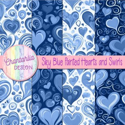 Free sky blue painted hearts and swirls digital papers