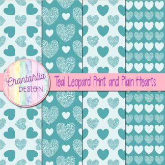 Free teal leopard print and plain hearts digital papers