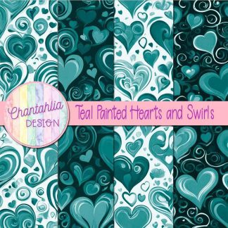 Free teal painted hearts and swirls digital papers