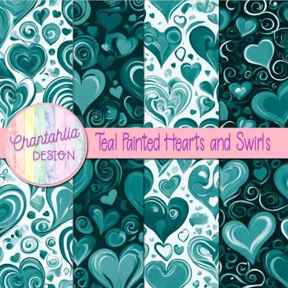 Free teal painted hearts and swirls digital papers