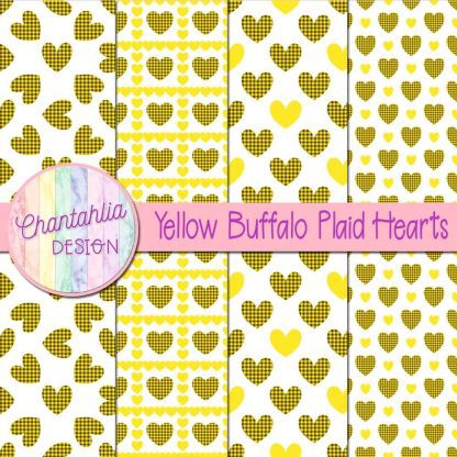 Free yellow buffalo plaid hearts digital papers