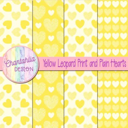 Free yellow leopard print and plain hearts digital papers