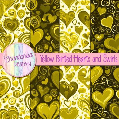 Free yellow painted hearts and swirls digital papers