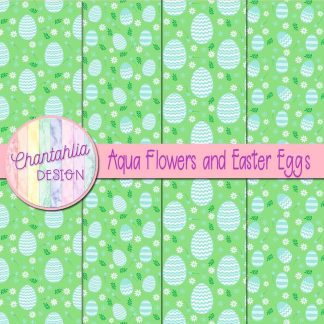 Free aqua flowers and Easter eggs digital papers