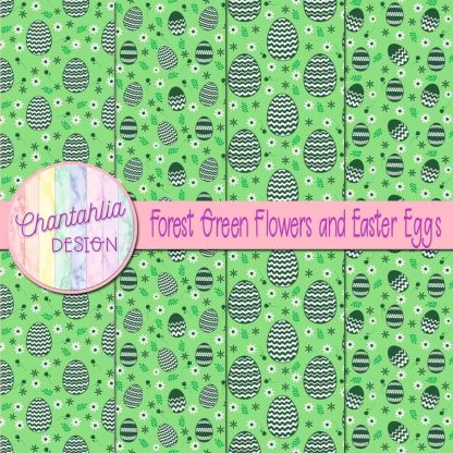 Free forest green flowers and Easter eggs digital papers