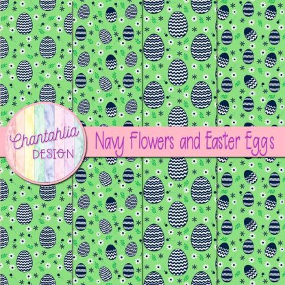 Free navy flowers and Easter eggs digital papers