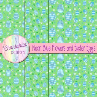 Free neon blue flowers and Easter eggs digital papers