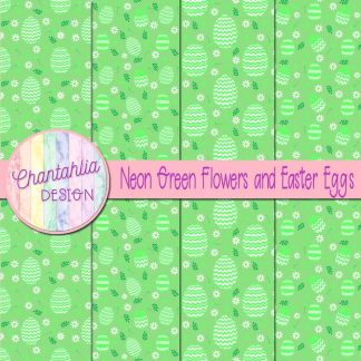Free neon green flowers and Easter eggs digital papers