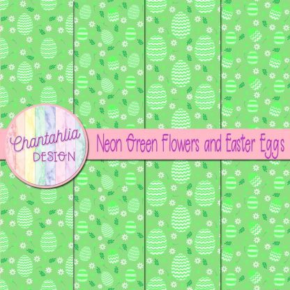 Free neon green flowers and Easter eggs digital papers