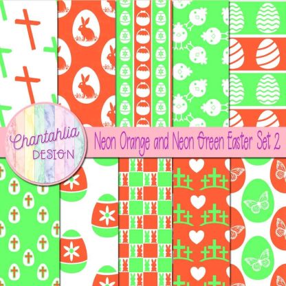 Free neon orange and neon green Easter digital papers