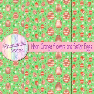 Free neon orange flowers and Easter eggs digital papers