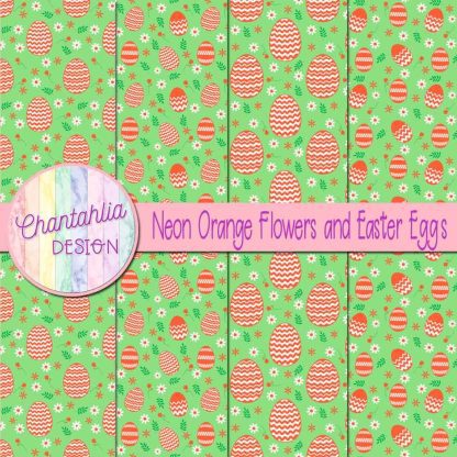 Free neon orange flowers and Easter eggs digital papers