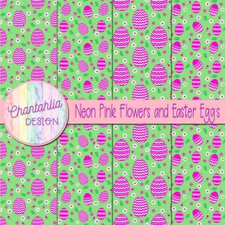 Free neon pink flowers and Easter eggs digital papers