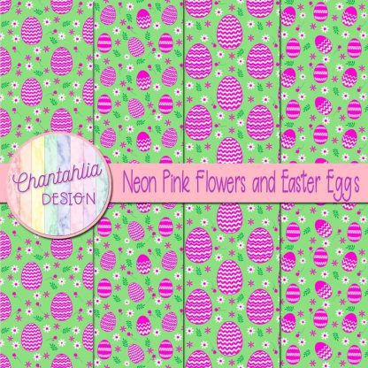 Free neon pink flowers and Easter eggs digital papers