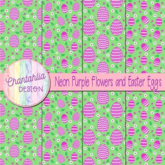 Free neon purple flowers and Easter eggs digital papers