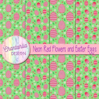 Free neon red flowers and Easter eggs digital papers