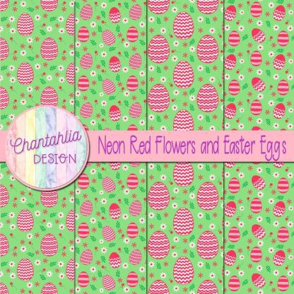 Free neon red flowers and Easter eggs digital papers