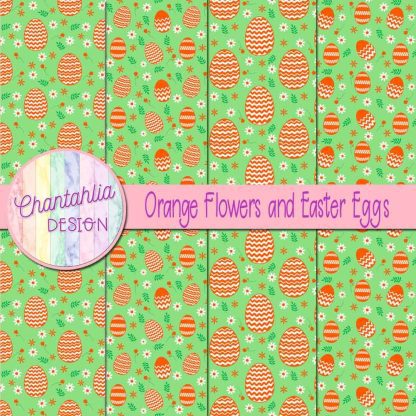 Free orange flowers and Easter eggs digital papers