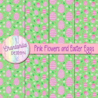 Free pink flowers and Easter eggs digital papers