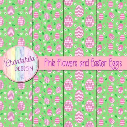 Free pink flowers and Easter eggs digital papers