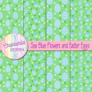 Free sea blue flowers and Easter eggs digital papers